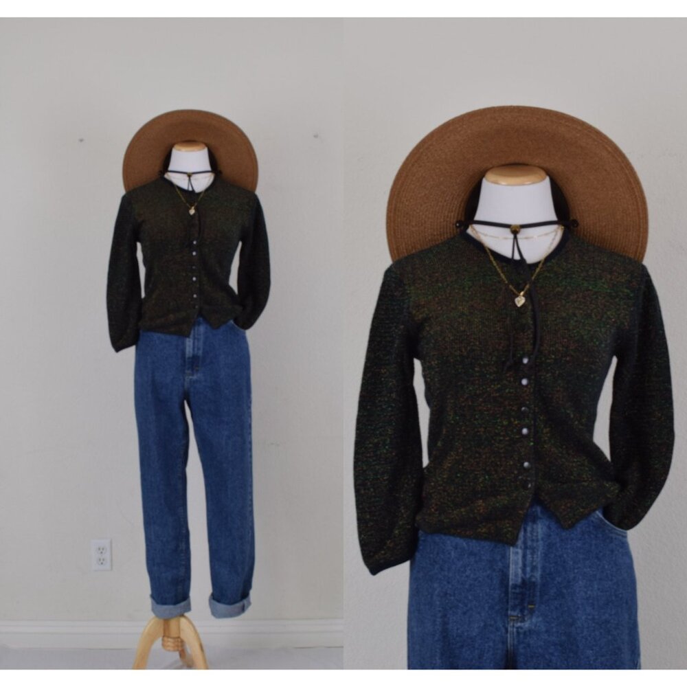Vintage 80s Crop‎ Metallic Black and Green Cardigan size 8
